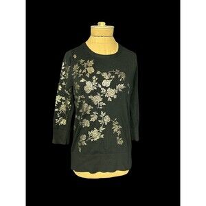 Lands' End Navy 100% Supima Cotton Silver Floral Sweater 6-8 Small